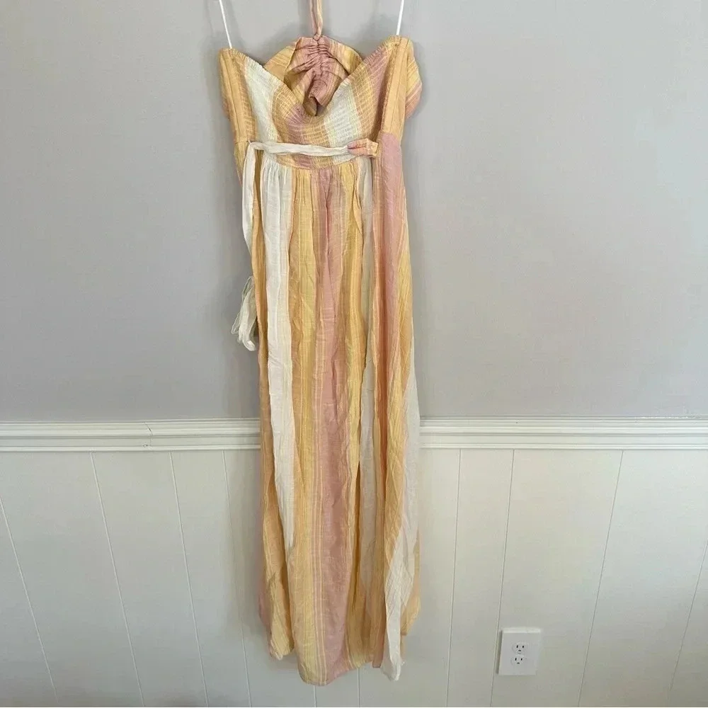 L Space Solana Cover-Up Women's Halter Wrap Dress Cream, Yellow, Pink Sz XL NWT